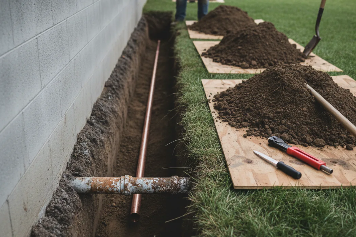 Excavated water line trench during Sewer Line Repair in Homer Glen